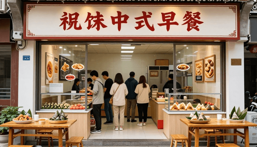 明亮色调素材：传统中式早餐店热闹清晨：美味粽子排队热销