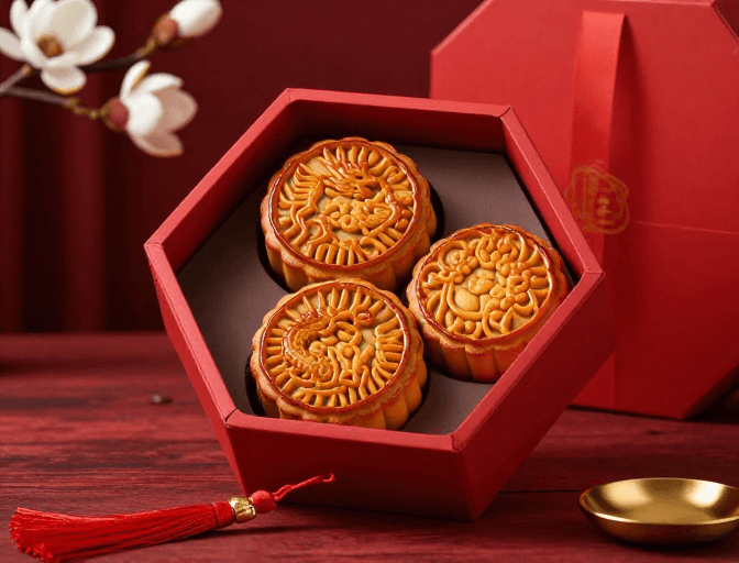 中秋月饼素材：中秋佳节：精致龙凤月饼礼盒展示