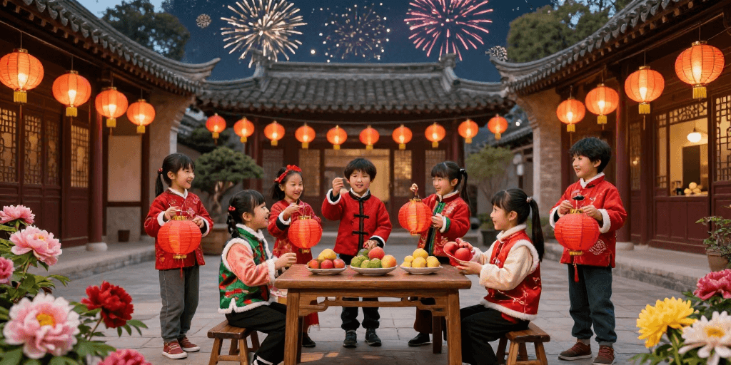 古风摄影素材：春节庆典：中式庭院中的童趣与年味
