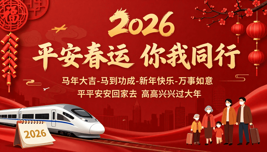 马年素材：2026马年平安春运 团圆喜庆红金中国风海报