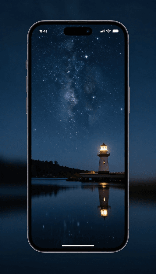 湖面倒影素材：星空湖泊与灯塔：静谧夜色的唯美壁纸