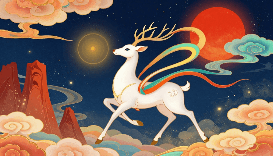国潮艺术素材：东方神鹿星夜幻想插画