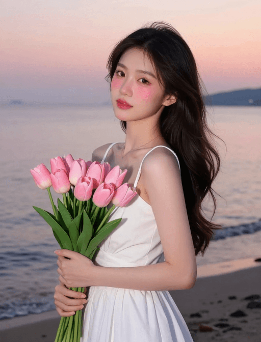 唯美意境素材：暮色海岸：白衣少女捧粉郁金香的静谧之美
