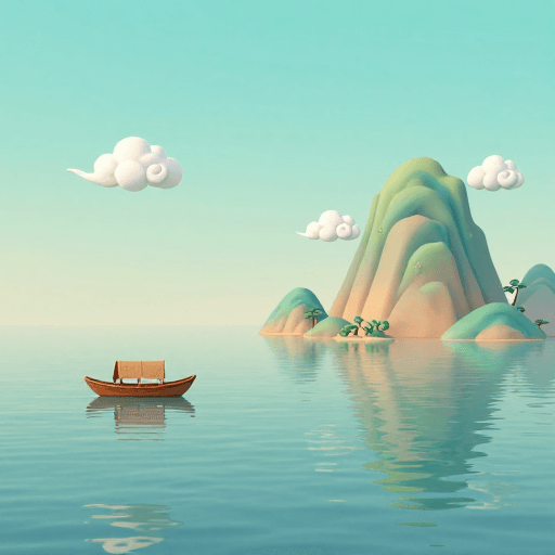 3D卡通素材：唐代山水意境：静谧水畔白云飞，3D卡通手绘风