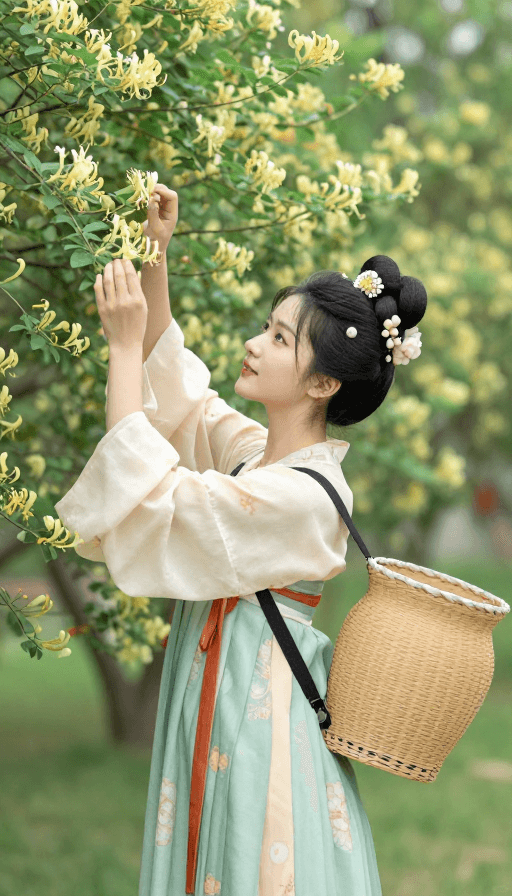 古风插画素材：盛唐风华：公主漫步金银花园采撷