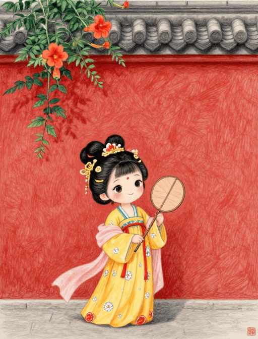 头像素材素材：古韵唐少女与凌霄花：彩铅画风