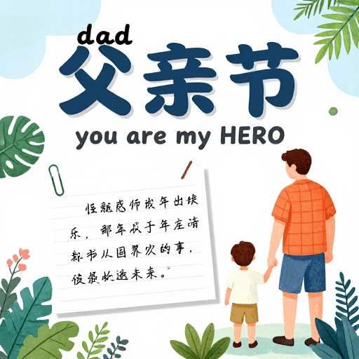 柔和色调素材：父亲节温情插画：清新父子背影海报