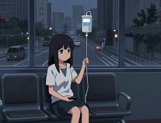 二次元风格素材：雨夜医院中的孤独少女：像素风插画