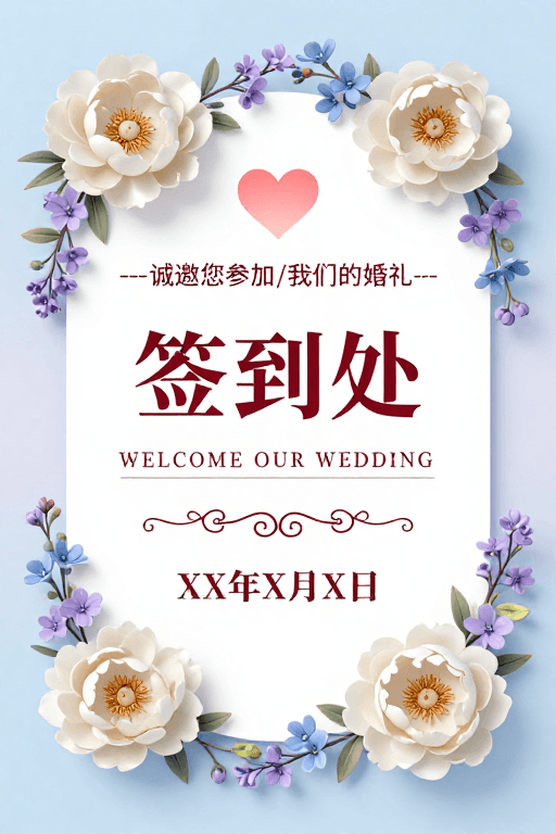 婚礼设计素材：淡雅浪漫婚礼签到处指示牌设计