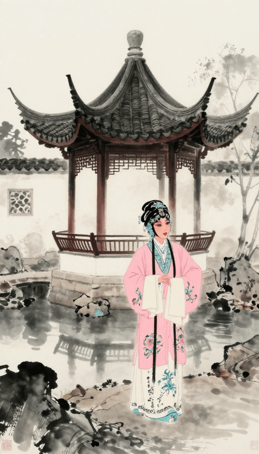 古典园林素材：水墨昆曲青衣园中唱 游园惊梦