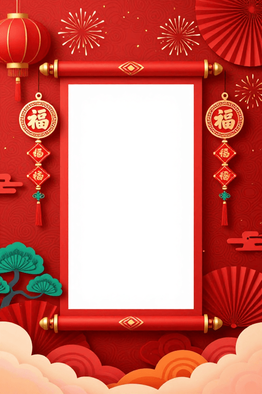 春节主题素材：红金中国风节日背景：卷轴祥云点缀新年氛围