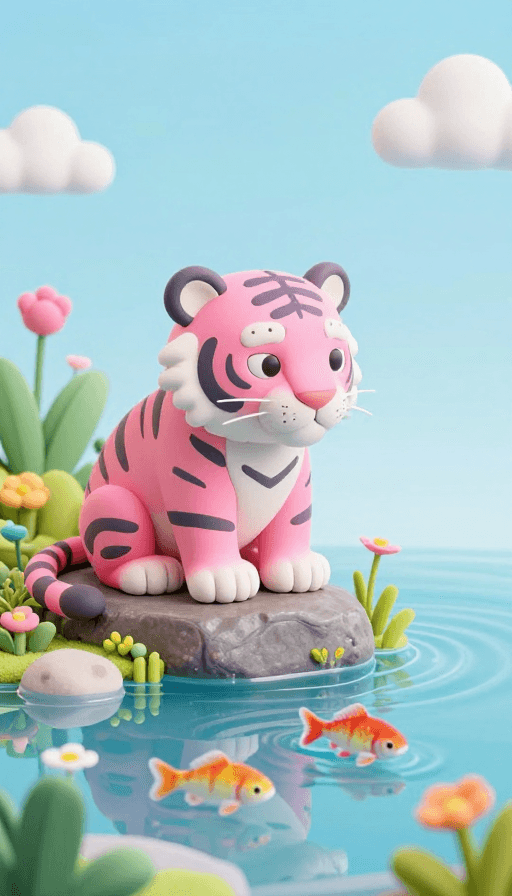3D插画素材：粉虎静坐赏鱼，几米风3D微景