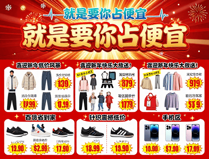 新年促销素材：新年狂欢大放送！超值优惠火热开启