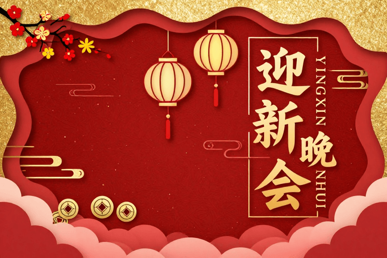 传统装饰素材：喜庆迎新晚会红金中国风剪纸艺术海报