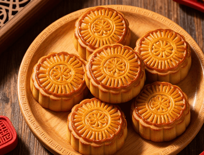 木质托盘素材：金黄广式月饼俯拍：中秋佳节传统美味