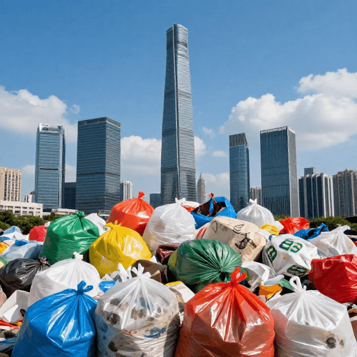 视觉冲击素材：塑料垃圾与都市天际线的视觉警示