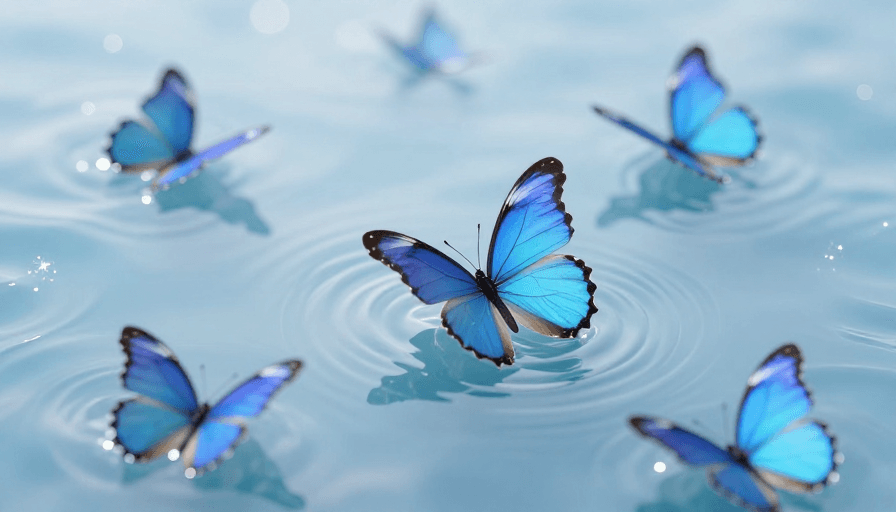 静谧氛围素材：幽蓝水光轻舞蝶影
