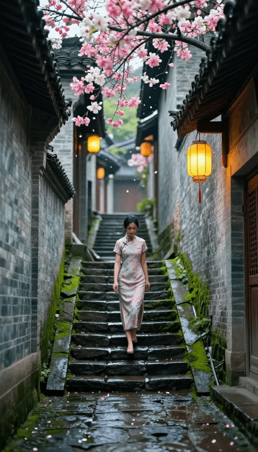 文化传承素材：青石阶梯上的旗袍美人：古镇奇幻梦境