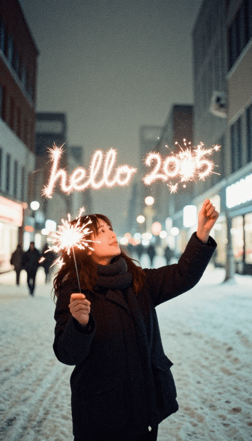 复古胶片素材：霓虹雪夜：女孩以烟花书写2025的复古誓言