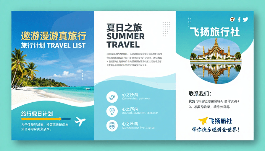 蓝绿渐变素材：现代简约蓝绿渐变旅游宣传三折页