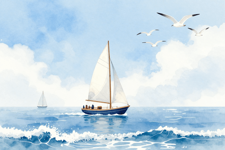 海景素材：清新水彩海景插画：双帆帆船乘风破浪