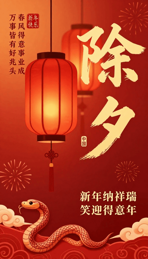 春节插画素材：红色渐变除夕插画：喜庆灯笼与吉祥祝福