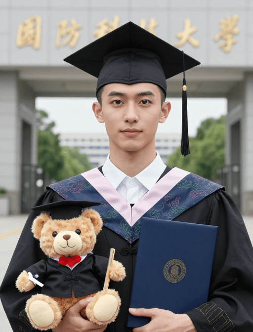 证件照风格素材：硕士毕业纪念：国防科大校门前的自信瞬间