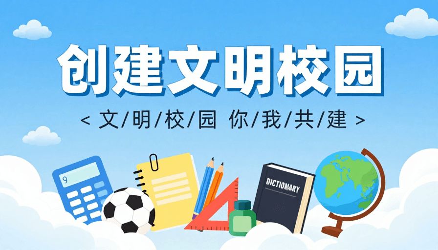 图文排版素材：清新校园·共创文明 扁平插画风宣传图