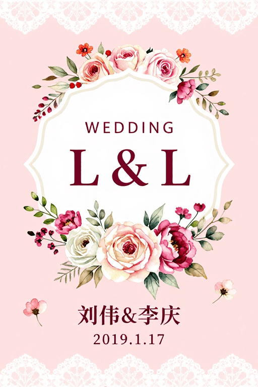 水彩手绘素材：水彩浪漫婚礼邀请函：粉色调花卉与优雅设计