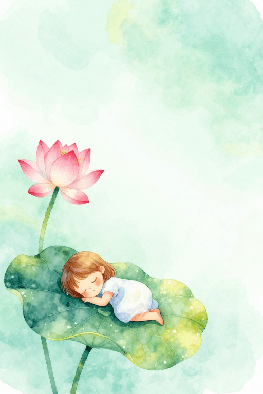 治愈风格素材：梦幻水彩少女与莲花的宁静治愈意境