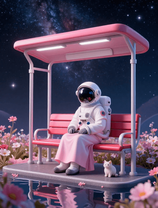 粉色深蓝色调素材：汉服宇航员与星河花海：超写实梦幻宇宙瞬间