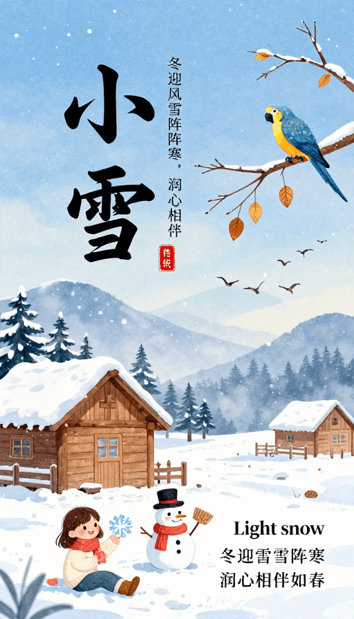 小雪节气素材：清新水墨小雪节气插画海报