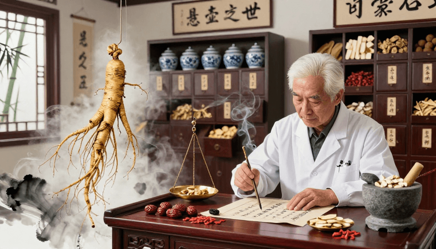 中医文化素材：传统中药氛围：水墨人参与古法药房