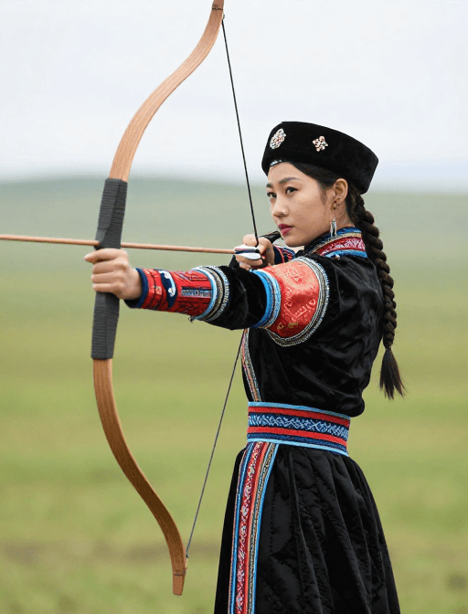 女性形象素材：锡伯族美女身着传统服饰优雅射箭