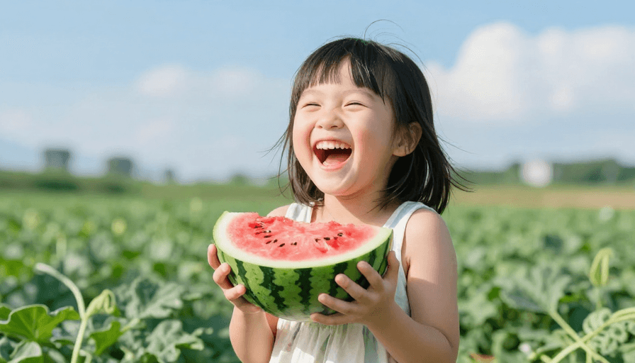 西瓜地素材：夏日西瓜乐园：开心女孩的欢笑定格