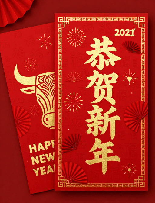 红色喜庆素材：2021牛年春节红色金箔浮雕设计