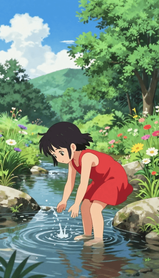 清新氛围素材：夏日溪边红裙少女玩水，清新日系动漫高清图