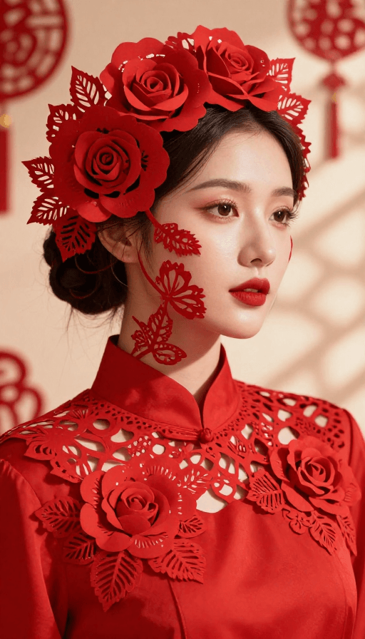 中国新年素材：中国新年剪纸艺术：红裙女子脸上的玫瑰与蕾丝光影