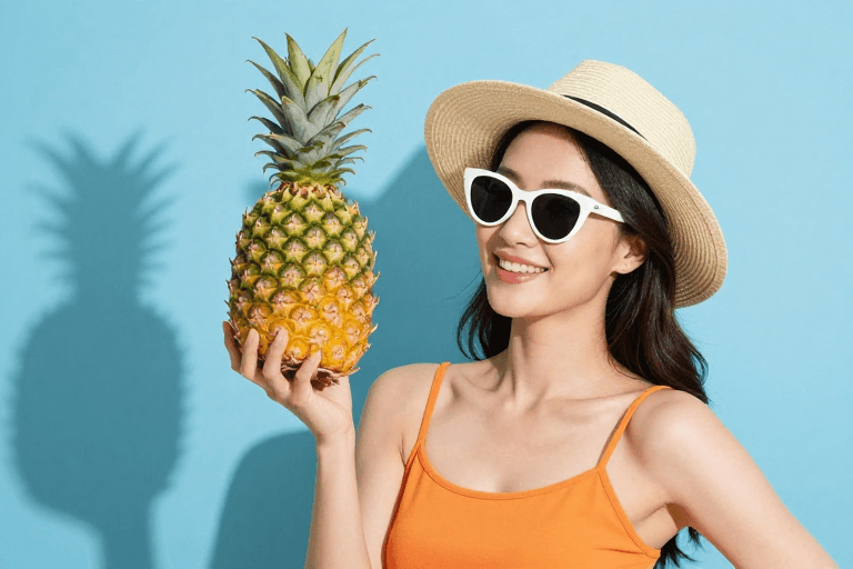 品牌广告素材：夏日清新：微笑女性与成熟菠萝的诱人广告