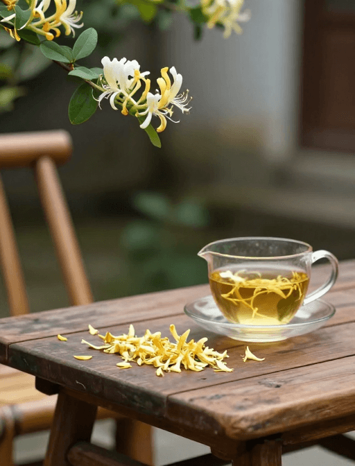 木质家具素材：庭院金银花伴茶香，静谧雅趣实景摄影