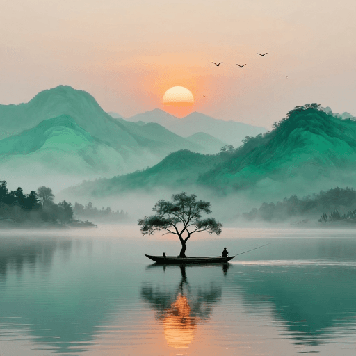 静谧意境素材：水墨秋景：孤舟垂钓落日图