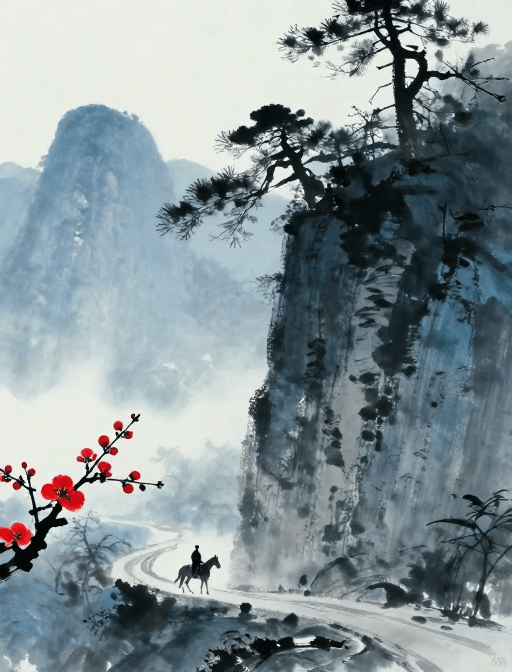 装饰背景素材：水墨蓝调：古人行旅与远山的诗意剪影