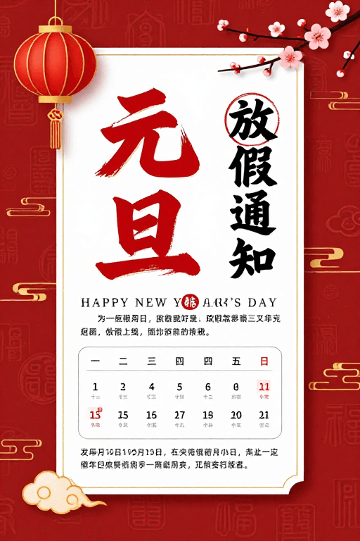 传统纹样装饰素材：红色喜庆中国风元旦放假通知海报