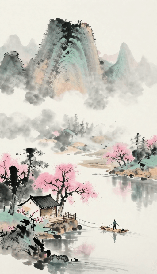 传统美学素材：水墨晕染：云雾山峦与古朴水乡的诗意画卷