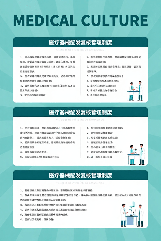 扁平插画设计素材：专业医疗制度说明图：医疗器械配发复核管理