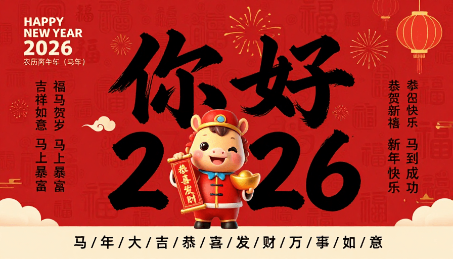3D卡通素材：你好2026！喜庆马年新年海报设计