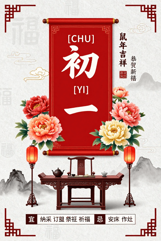 文化符号素材：典雅国风新年海报：初一鼠年吉祥图