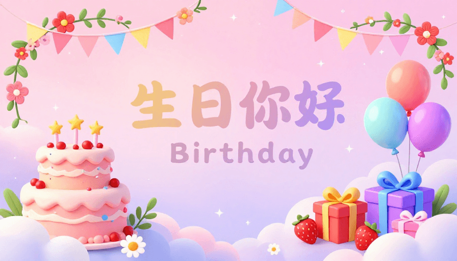 粉紫渐变素材：梦幻粉紫生日插画：星光云朵下的甜蜜庆典