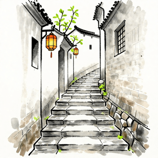 简笔画素材：古巷春景：灯笼与发芽绿叶的水粉画韵