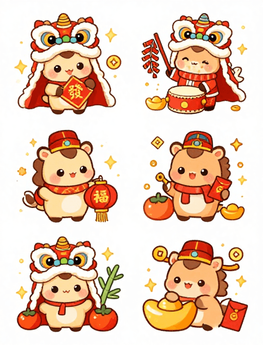 喜庆配色素材：国潮新年：六只可爱小马的喜庆插画